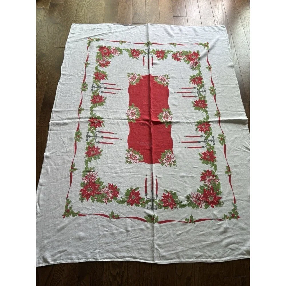 Vintage‎ Christmas Holly Candle Poinsettia Holly Tablecloth White Red Rectangle